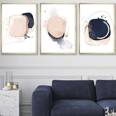 Artze Wall Art Set Of 3 Framed Abstract Navy Blue And Blush Pink Wall ...