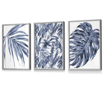 Artze Wall Art Set Of 3 Tropical Plants And Pattern Navy Blue Abstract ...