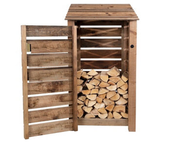 Wooden Log Store 4ft Slatted Firewood Storage With Door - UK