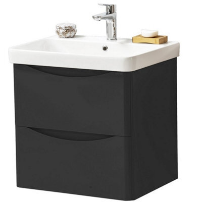 Clifton Bathroom Wall Mounted 2-Drawer Vanity Unit With Basin 600mm Wide - Matt Graphite - (Arch ...