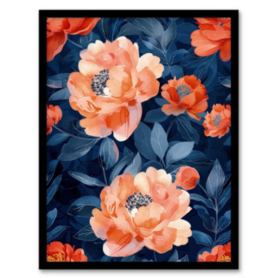 Artery8 Framed Wall Art Pink Peonies Flower Pattern Blue Floral Design ...