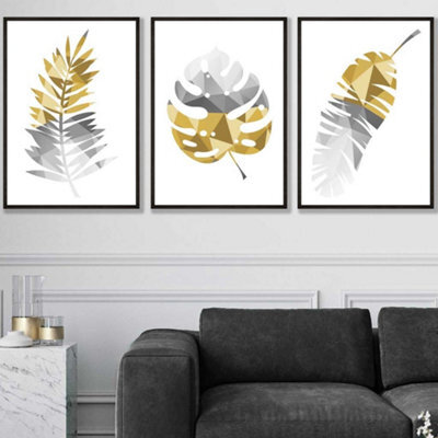 Artze Wall Art Set Of 3 Geometric Tropical Leaves In Yellow Grey Wall ...