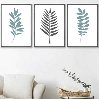 Artze Wall Art Set Of 3 Graphical Blue Grey Leaves Wall Art Prints ...