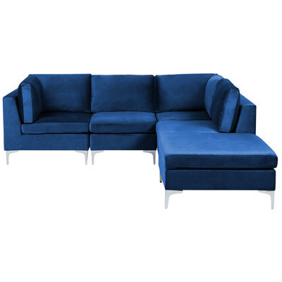 Beliani Modular Corner Sofa 4 Seater Evja Velvet Navy Blue With Ottoman ...