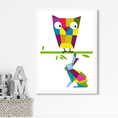 Artze Wall Art Owl Bright Geometric Animal Framed Print Size: A3 With ...