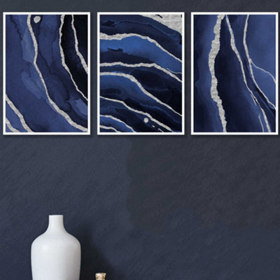 Artze Wall Art Set Of 3 Abstract Navy Blue Silver Strokes Wall Art ...