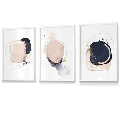 Artze Wall Art Set Of 3 Framed Abstract Navy Blue And Blush Pink Wall ...