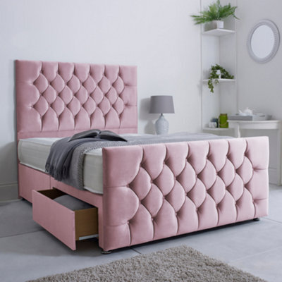 Bsspoke Maya 4Ft-Small Double Divan Bed Set Pink Plush Velvet With 2 ...