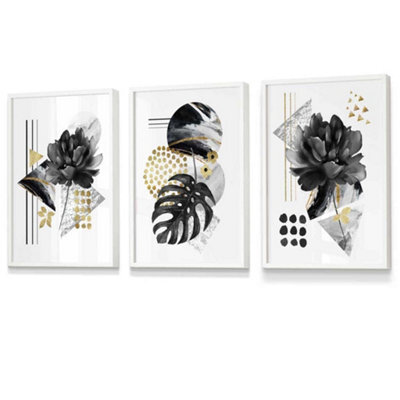 Artze Wall Art Set Of 3 Abstract Black And Gold Botanical Wall Art ...