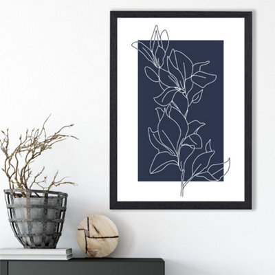 Artze Wall Art Abstract Navy Blue And White Floral Line Art Framed ...