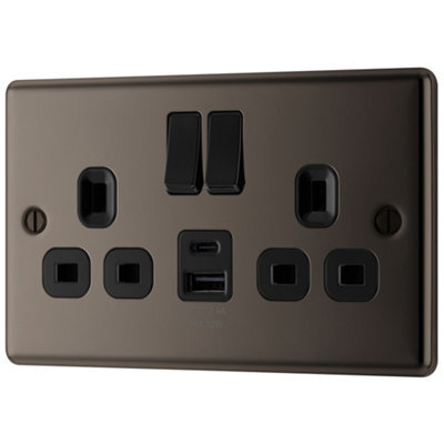 GoodHome Black Nickel Double 13A Raised Rounded Switched Screwed Socket ...