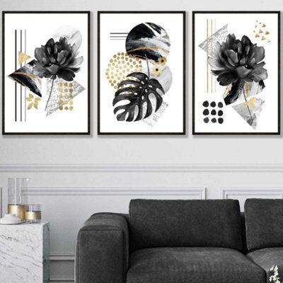 Artze Wall Art Set Of 3 Abstract Black And Gold Botanical Wall Art ...
