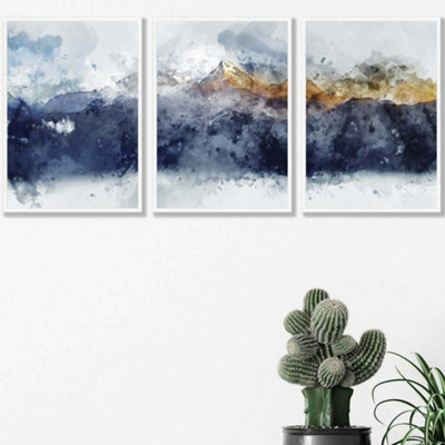 Artze Wall Art Set Of 3 Abstract Navy Blue And Yellow Mountains Wall ...