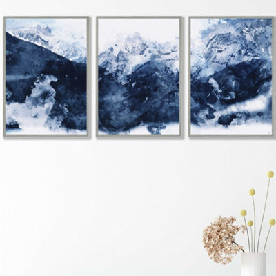 Artze Wall Art Set Of 3 Abstract Navy Blue Mountains Wall Art Prints ...