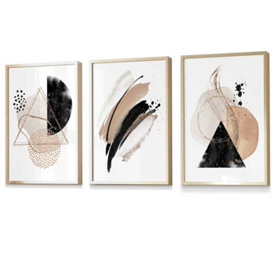 Artze Wall Art Abstract Beige Black And Gold Set Of 3 Wall Art Prints ...
