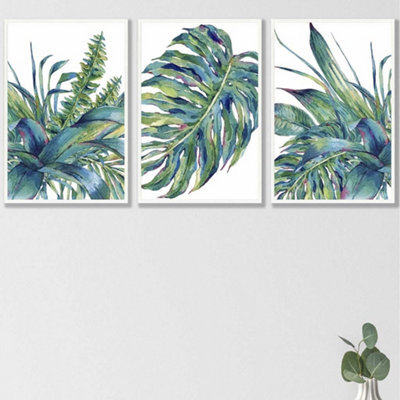 Artze Wall Art Set Of 3 Framed Blue Green Watercolour Tropical Leaves ...