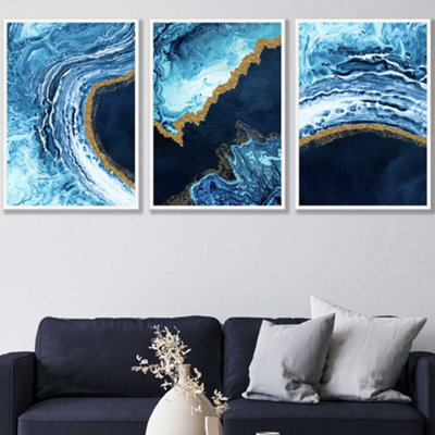 Artze Wall Art Set Of 3 Abstract Navy, Blue And Gold Oceans Wall Art ...
