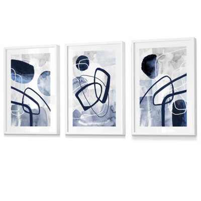 Artze Wall Art Abstract Navy Blue Shapes Set Of 3 Prints Wall Art ...