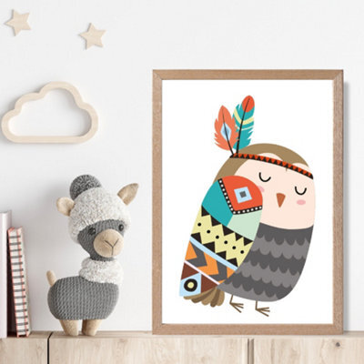 Artze Wall Art Owl Tribal Animal Framed Print Size: A4 With Oak Frame ...