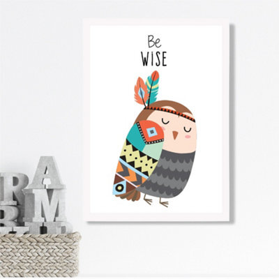 Artze Wall Art Be Wise Owl Tribal Animal Quote Framed Print Size: A3 ...