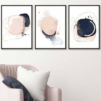 Artze Wall Art Set Of 3 Framed Abstract Navy Blue And Blush Pink Wall ...