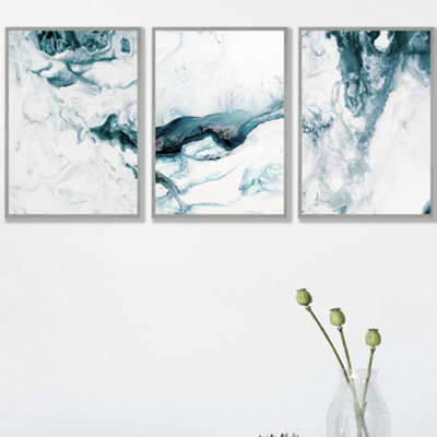 Artze Wall Art Set Of 3 Teal Blue Abstract Ocean Waves Wall Art Prints ...