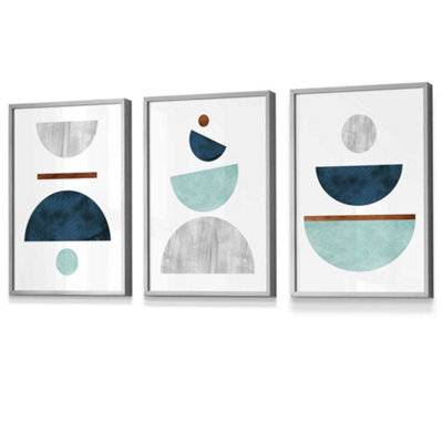 Artze Wall Art Set Of 3 Teal, Mint Green And Grey Abstract Mid Century ...
