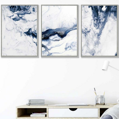 Artze Wall Art Set Of 3 Navy Blue Abstract Ocean Waves Wall Art Prints ...