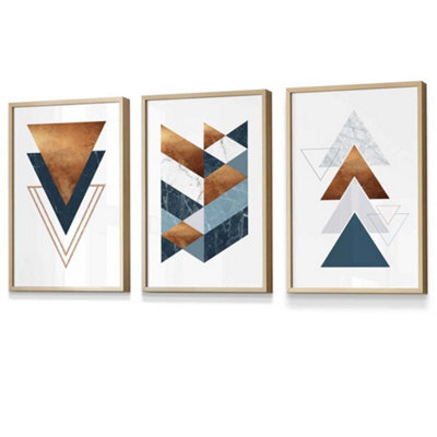 Artze Wall Art Set Of 3 Mid Century Teal Orange Abstract Geometric Wall ...