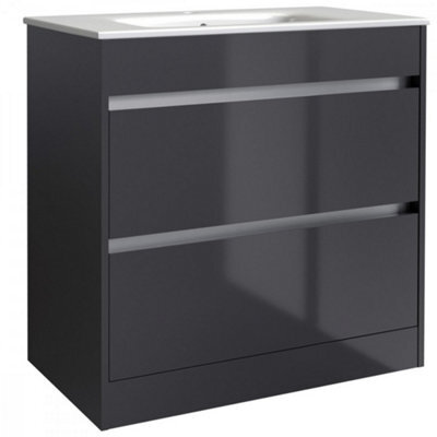 Clifton Bathroom 2-Drawer Floor Standing Vanity Unit With Basin 800mm Wide - Storm Grey Gloss ...