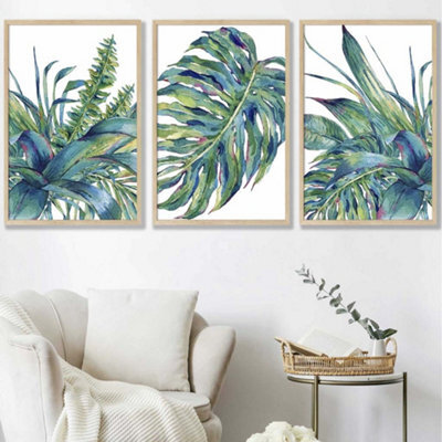 Artze Wall Art Set Of 3 Framed Blue Green Watercolour Tropical Leaves ...