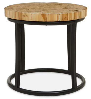 Orsina Round Teak Table With Black Iron Frame, Rustic Teak Inlaid Top ...