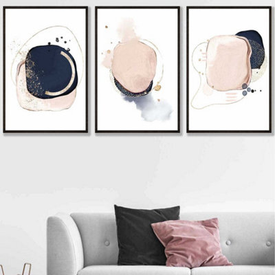 Artze Wall Art Set Of 3 Framed Abstract Navy Blue And Blush Pink Wall ...