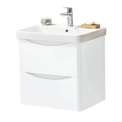 Clifton Bathroom Wall Mounted 2-Drawer Vanity Unit With Basin 600mm Wide - Gloss White - (Arch ...