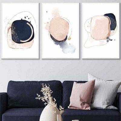 Artze Wall Art Set Of 3 Framed Abstract Navy Blue And Blush Pink Wall ...