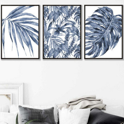 Artze Wall Art Set Of 3 Tropical Plants And Pattern Navy Blue Abstract ...