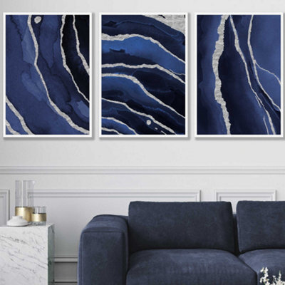 Artze Wall Art Set Of 3 Abstract Navy Blue Silver Strokes Wall Art ...