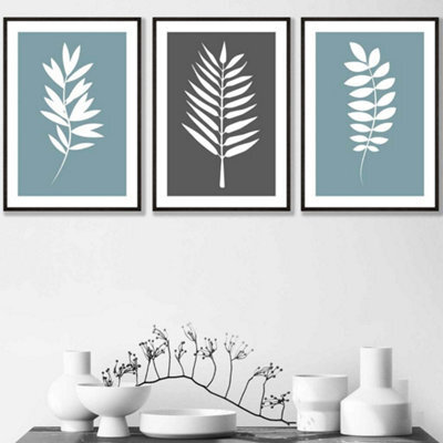 Artze Wall Art Set Of 3 Blue Grey Graphical Leaves Wall Art Prints ...