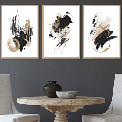 Artze Wall Art Set Of 3 Abstract Black Ivory And Gold Oil Strokes Wall ...