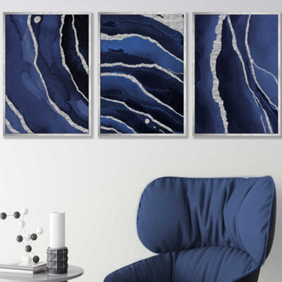 Artze Wall Art Set Of 3 Abstract Navy Blue Silver Strokes Wall Art ...