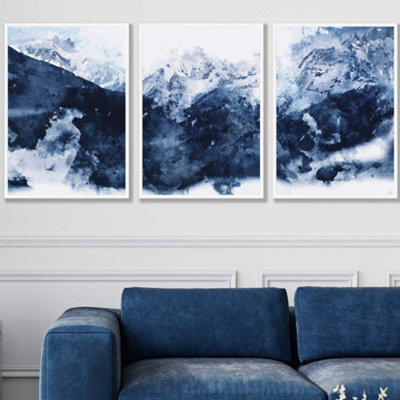 Artze Wall Art Set Of 3 Abstract Navy Blue Mountains Wall Art Prints ...