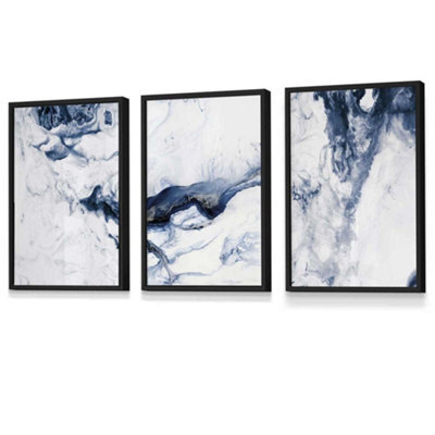 Artze Wall Art Set Of 3 Navy Blue Abstract Ocean Waves Wall Art Prints ...