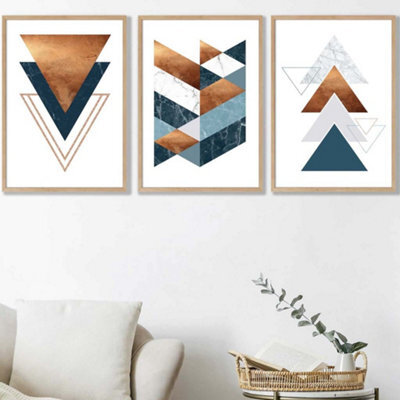 Artze Wall Art Set Of 3 Mid Century Teal Orange Abstract Geometric Wall ...