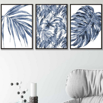 Artze Wall Art Set Of 3 Tropical Plants And Pattern Navy Blue Abstract ...