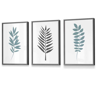 Artze Wall Art Set Of 3 Graphical Blue Grey Leaves Wall Art Prints ...