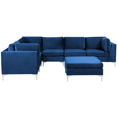 Beliani Modular Corner Sofa 6 Seater Evja Velvet Navy Blue With Ottoman ...