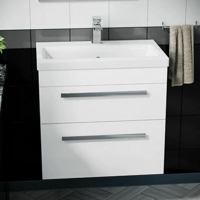 Nanuya 500mm Wall Hung Bathroom Vanity Unit - White Gloss, 2 Soft-Close Drawers, Ceramic Basin