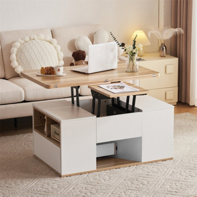 Abrihome White & Oak Lift-Top Coffee Table With Storage, Modern Sofa ...