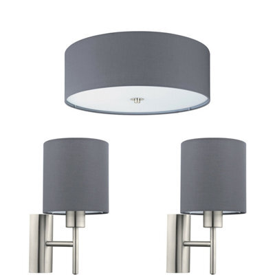 Stylish Low Ceiling Light With 2 Matching Wall Sconces - Grey Fabric ...