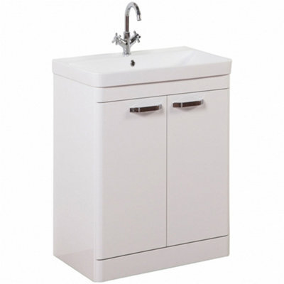 Clifton Bathroom 2-Door Floor Standing Vanity Unit With Basin 600mm Wide White 1 Tap Hole ...